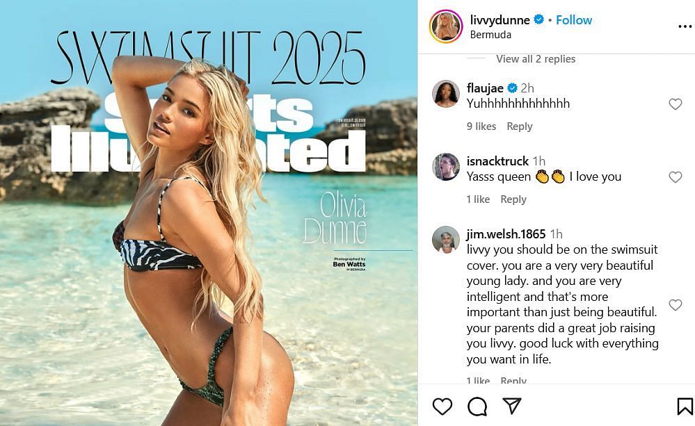 Flau'jae Johnson hypes Olivia Dunne's SI Swimsuit cover IG post. Image via @livvydunne